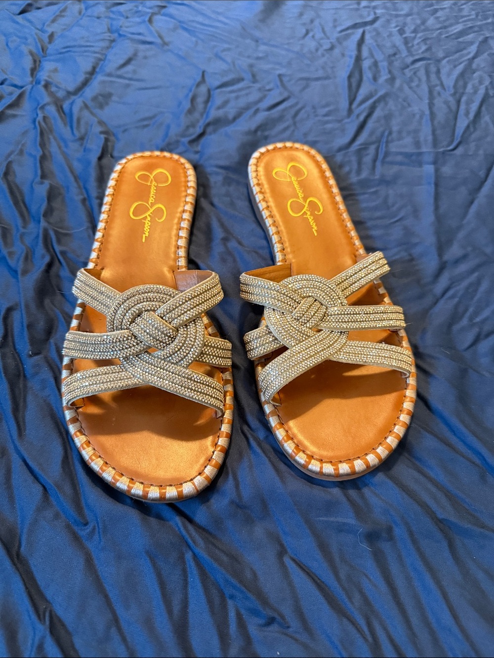Jessica Simpson Metallic Gold Knotted Slide Sandals, size 10